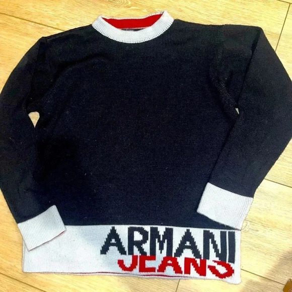 Armani Oversized Navy Colorblock Logo Sweater Made in Italy XL - Picture 2 of 11